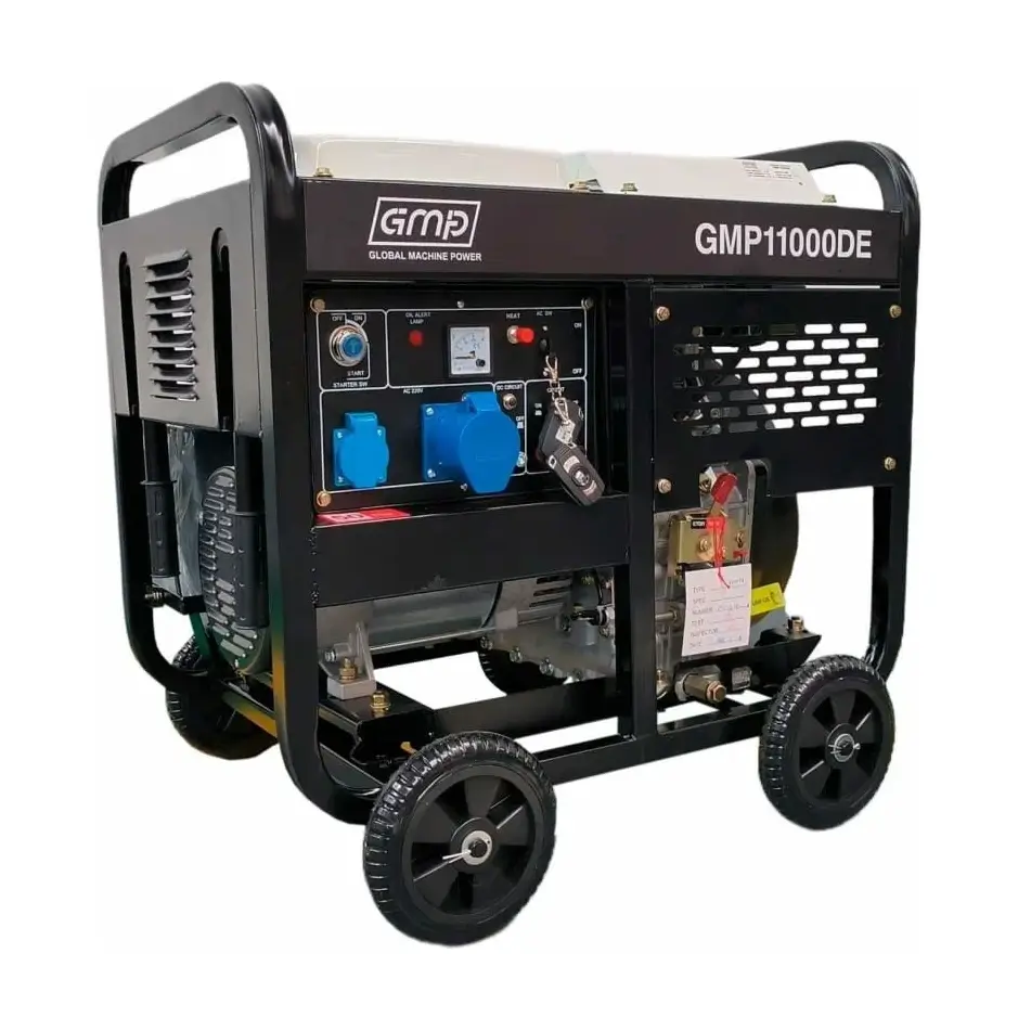 Дизельный генератор GMP 11000DE (8300 Вт, 8.3 кВт, ручной и электрический запуск, 2 розетки 220В, выход 12В, на колесах, глушитель, аккумулятор)