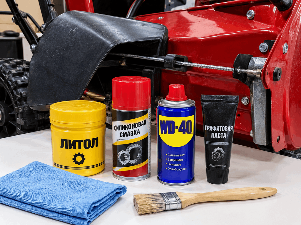 Набор смазок для техники литол, силикон, WD-40, графитовая паста, кисть и тряпка